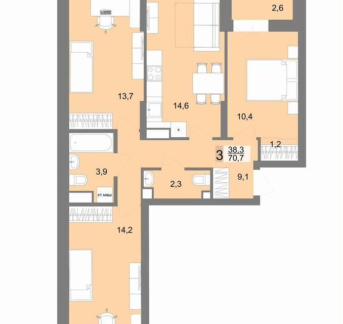 Продаётся 3-комнатная квартира, 70.2 м²