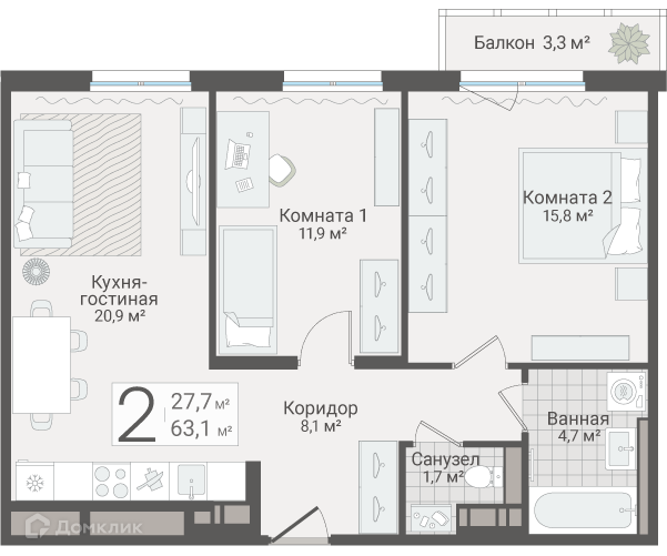 Продаётся 2-комнатная квартира, 63.1 м²