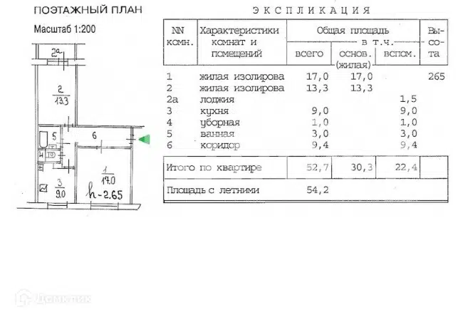 Продаётся 2-комнатная квартира, 52.9 м²