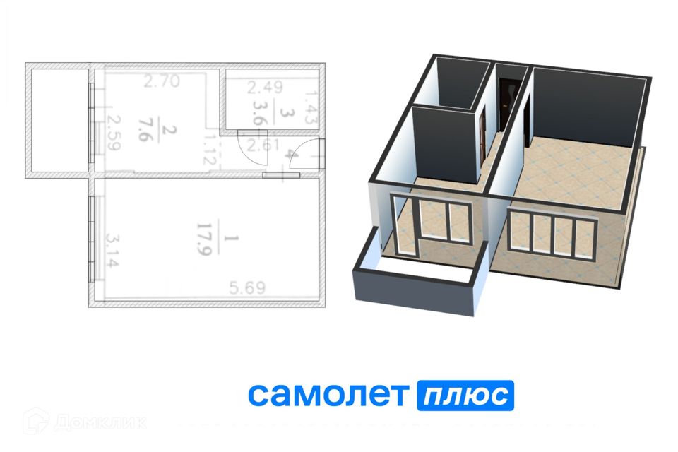 Продаётся 1-комнатная квартира, 31.6 м²