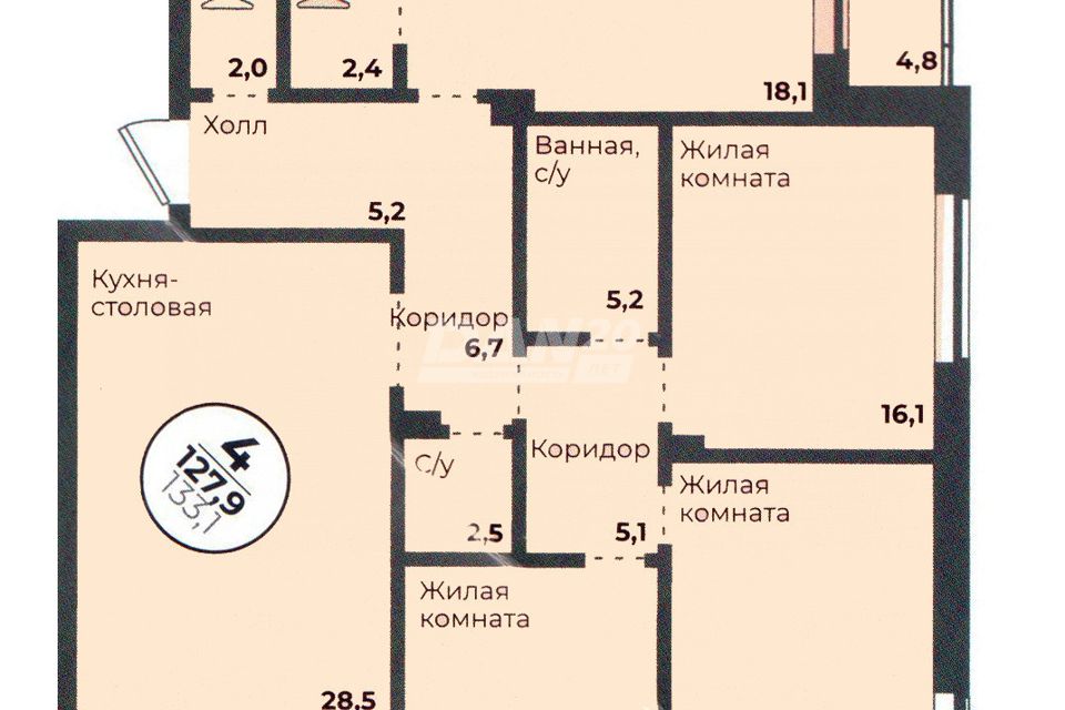 Продаётся 4-комнатная квартира, 127.8 м²