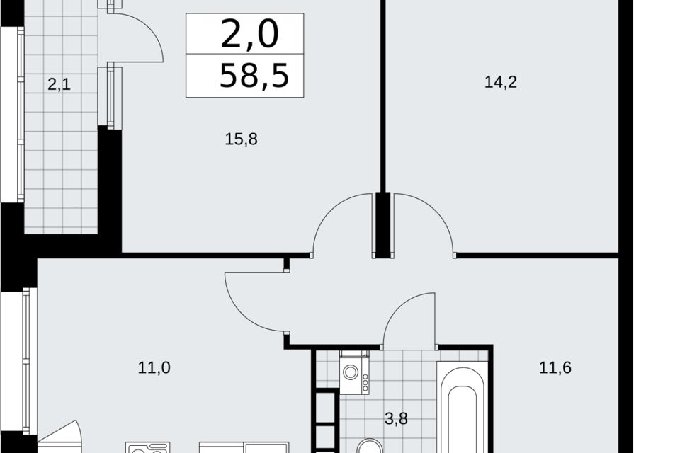 Продаётся 2-комнатная квартира, 58.5 м²