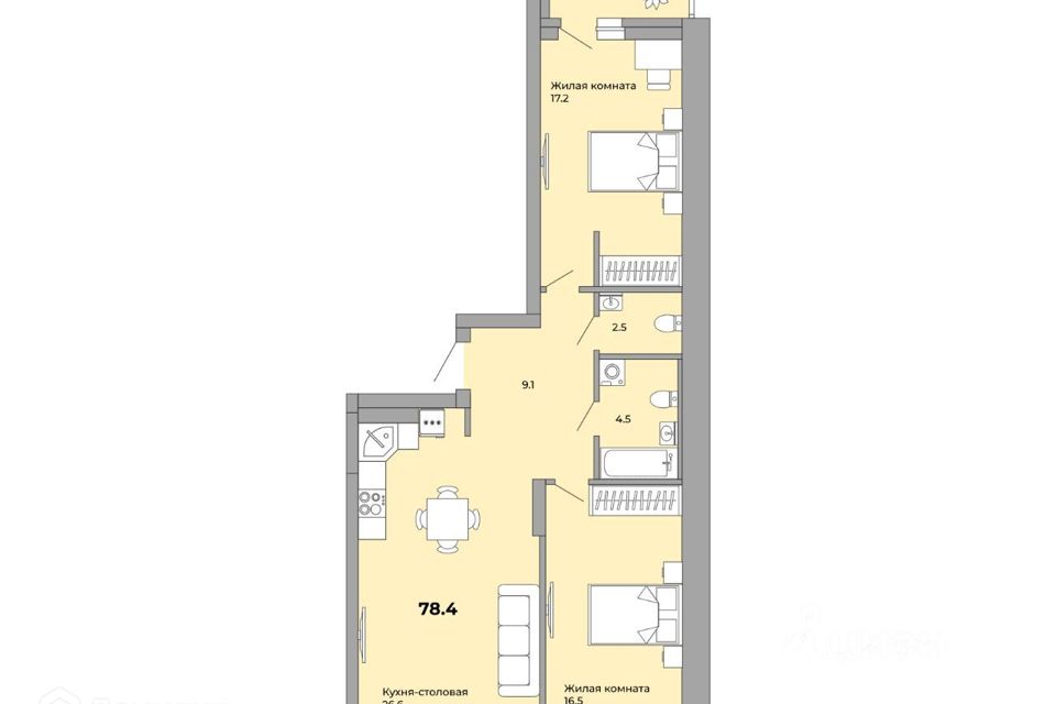 Продаётся 2-комнатная квартира, 77.6 м²