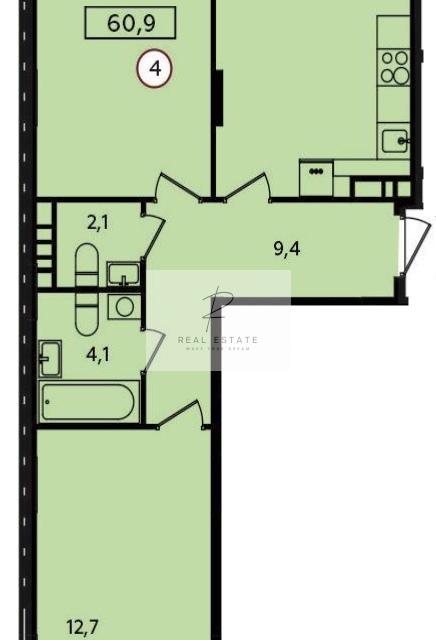 Продаётся 2-комнатная квартира, 60.9 м²