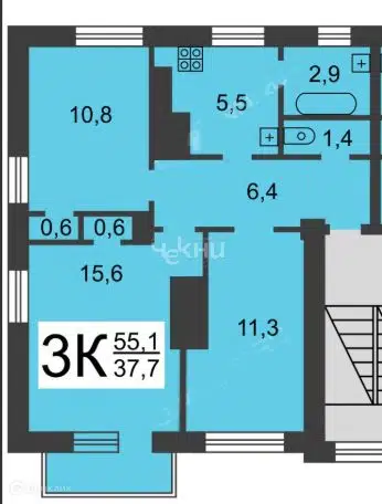Продаётся 3-комнатная квартира, 55.2 м²
