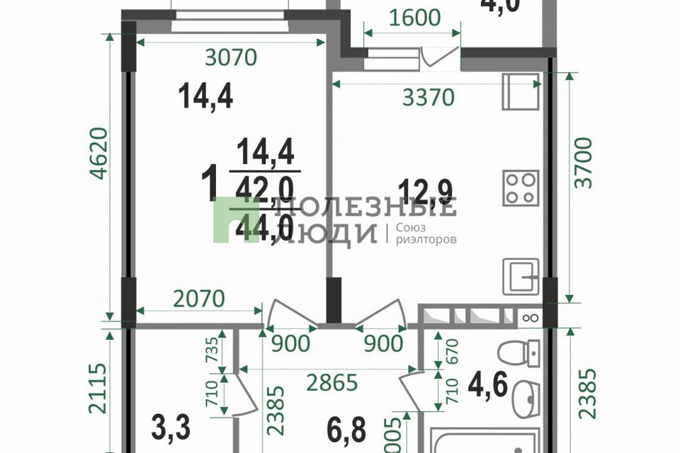 Продаётся 1-комнатная квартира, 44 м²