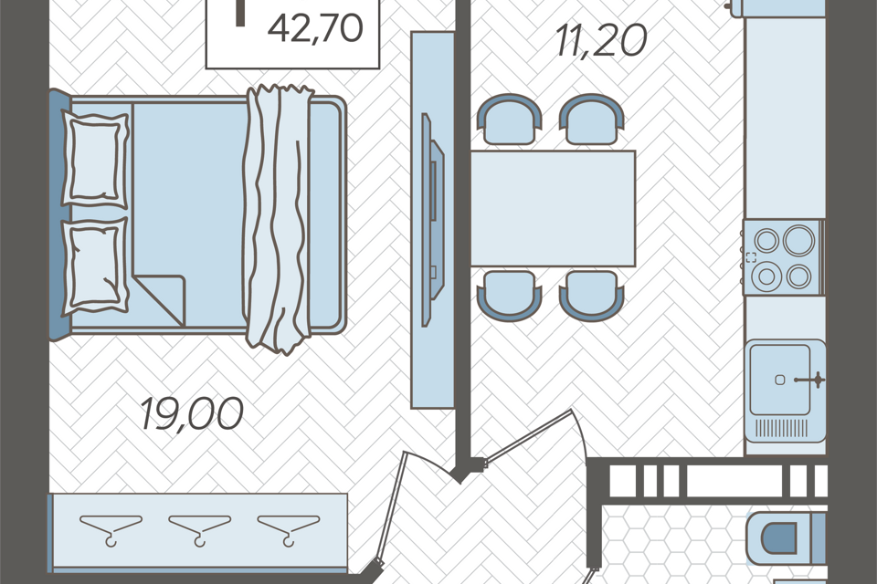 Продаётся 1-комнатная квартира, 42.7 м²
