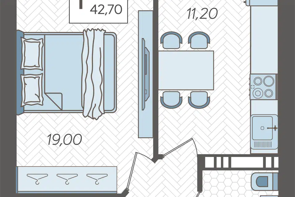 Продаётся 1-комнатная квартира, 42.7 м²