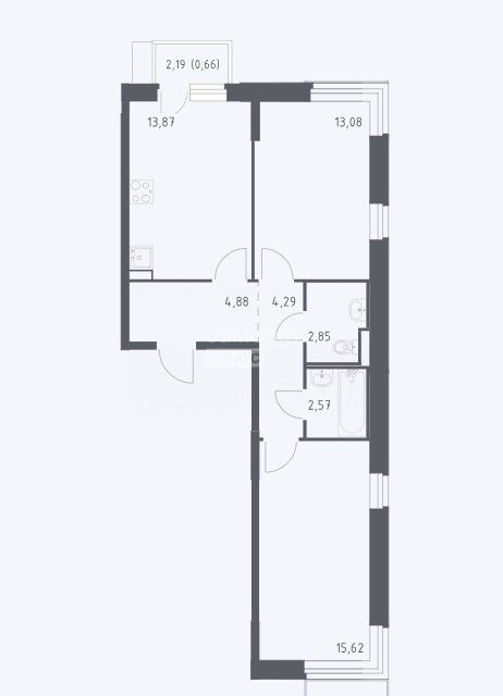 Продаётся 2-комнатная квартира, 57.85 м²