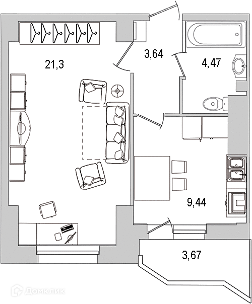 Продаётся 1-комнатная квартира, 42.1 м²