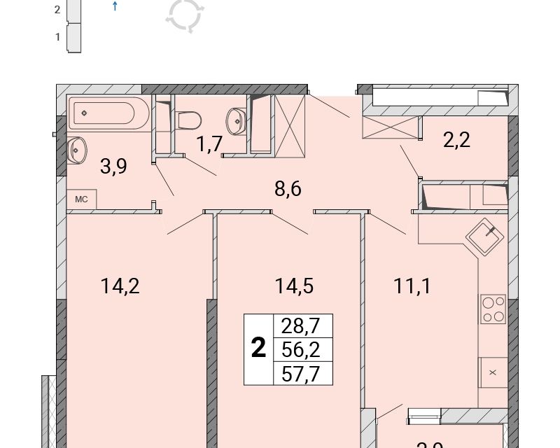 Продаётся 2-комнатная квартира, 57.7 м²