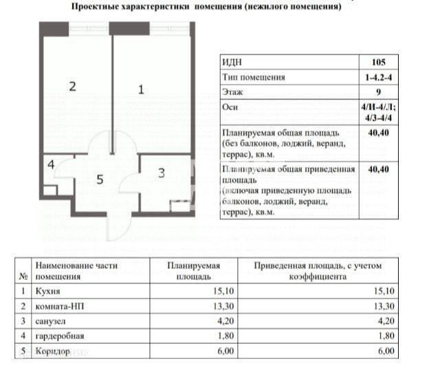 Продаётся 1-комнатная квартира, 40.4 м²
