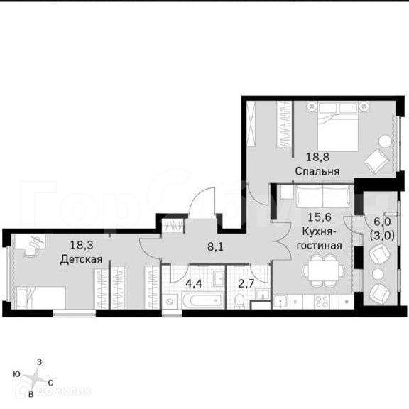 Продаётся 3-комнатная квартира, 70.9 м²