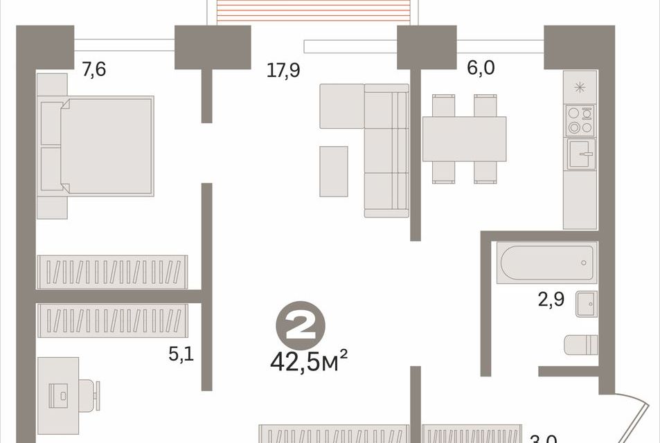 Продаётся 2-комнатная квартира, 42.5 м²