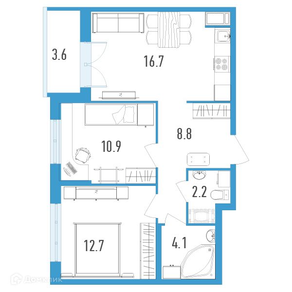 Продаётся 2-комнатная квартира, 57.2 м²