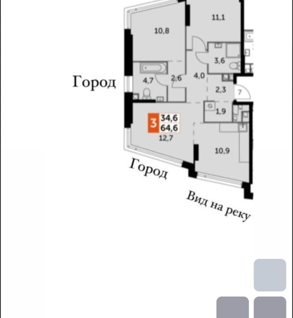 Продаётся 3-комнатная квартира, 64.6 м²