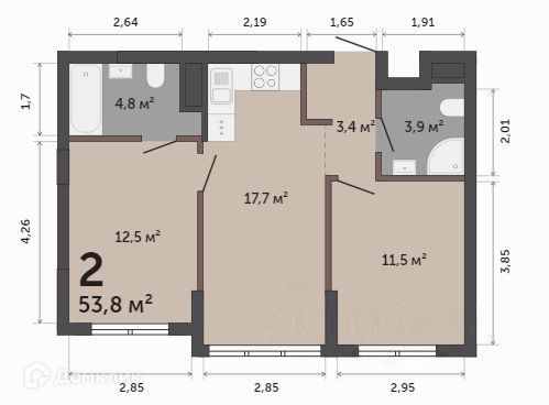 Продаётся 2-комнатная квартира, 53.8 м²