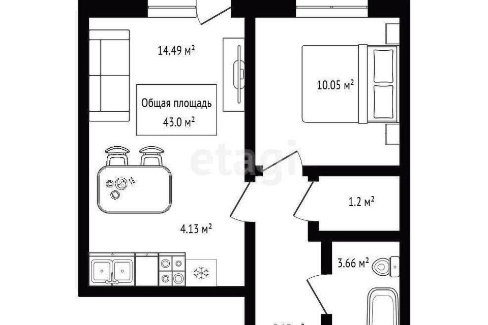Продаётся 1-комнатная квартира, 43 м²