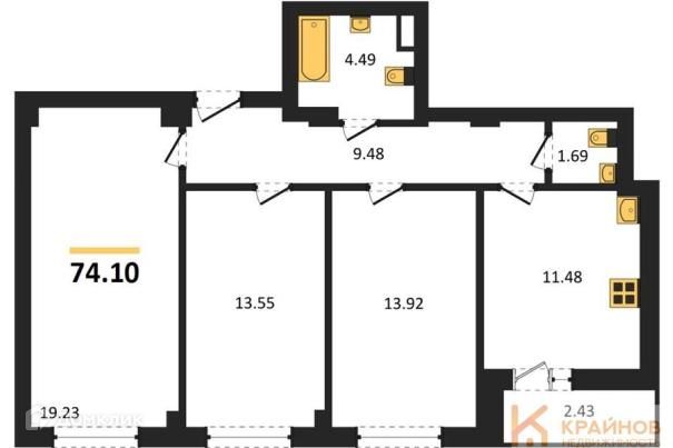 Продаётся 3-комнатная квартира, 74.1 м²
