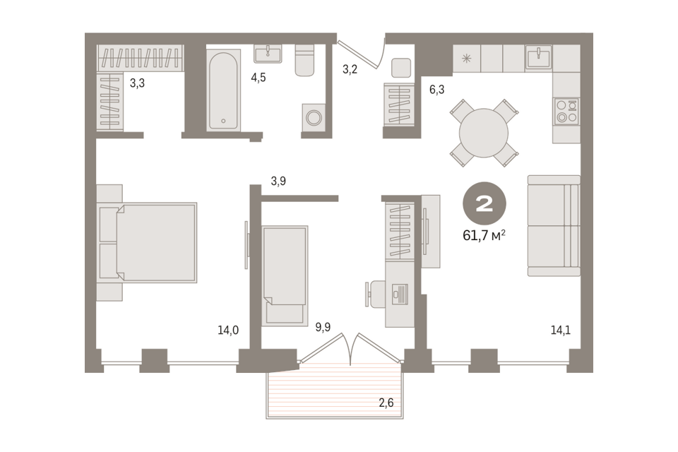 Продаётся 2-комнатная квартира, 61.7 м²
