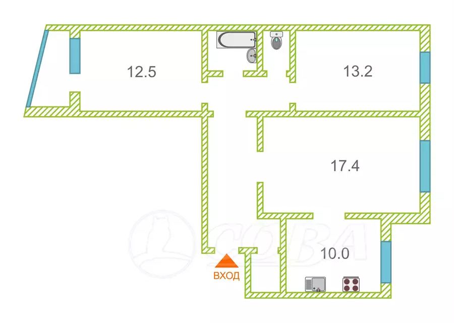 Продаётся 3-комнатная квартира, 66.1 м²