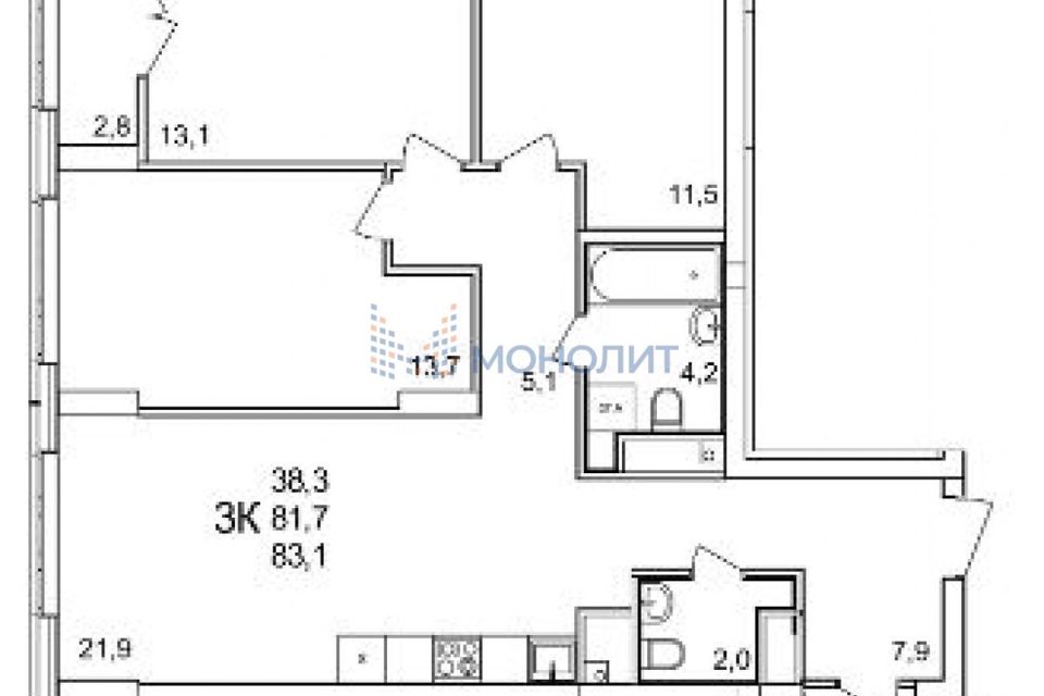 Продаётся 3-комнатная квартира, 83.1 м²