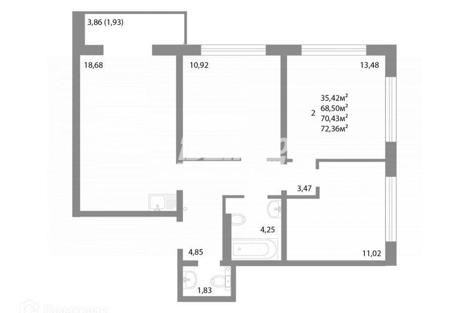 Продаётся 3-комнатная квартира, 72.36 м²