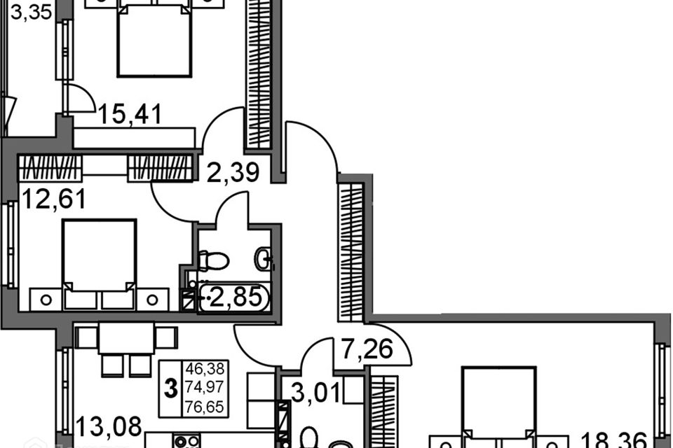 Продаётся 3-комнатная квартира, 76.65 м²