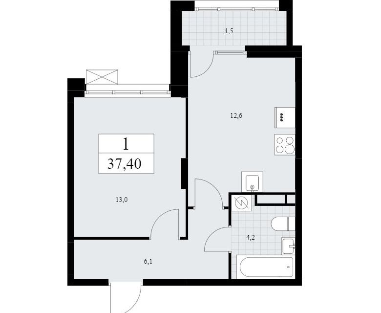 Продаётся 1-комнатная квартира, 37.4 м²