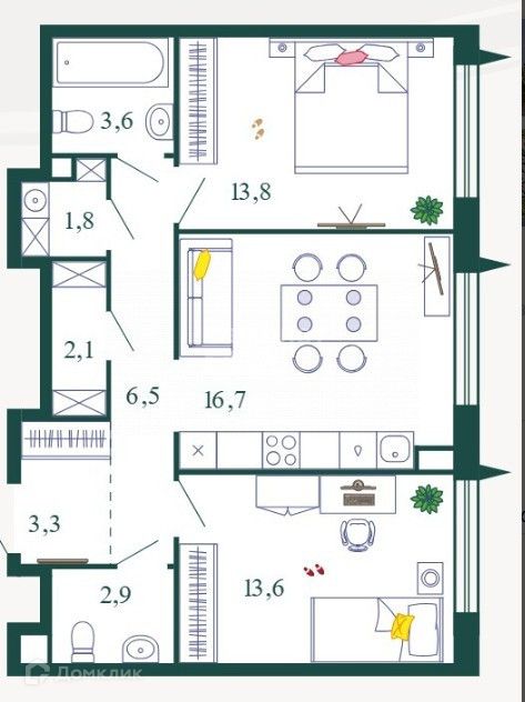 Продаётся 2-комнатная квартира, 64.3 м²