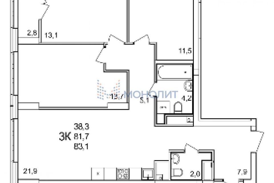 Продаётся 3-комнатная квартира, 83.1 м²