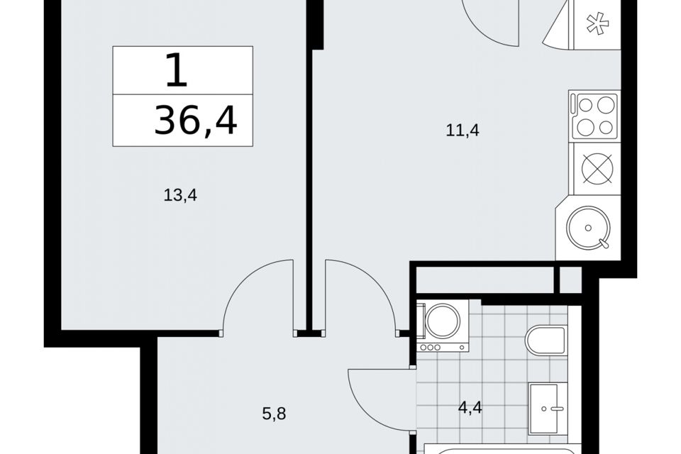 Продаётся 1-комнатная квартира, 36.4 м²