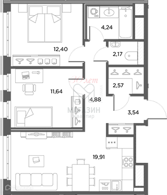 Продаётся 2-комнатная квартира, 61.28 м²