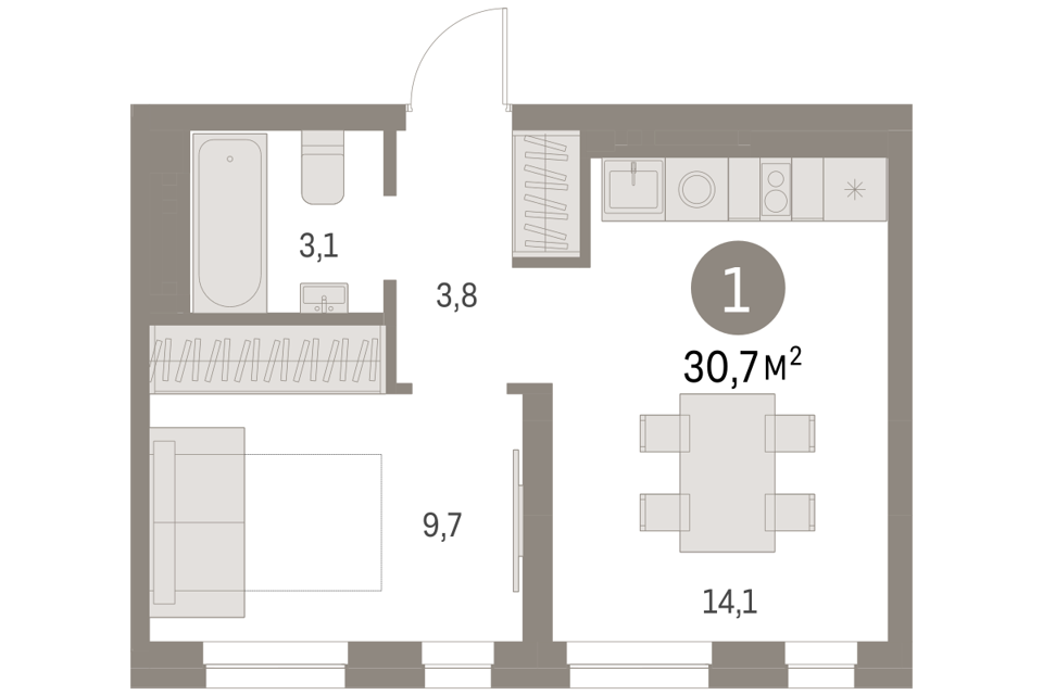 Продаётся 1-комнатная квартира, 30.66 м²