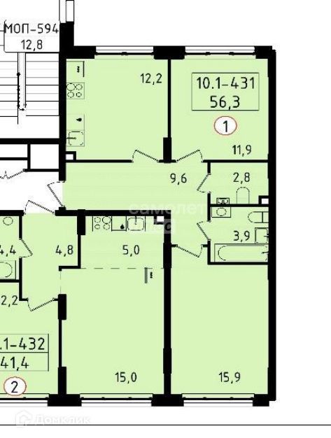 Продаётся 2-комнатная квартира, 56.3 м²