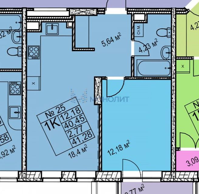 Продаётся 1-комнатная квартира, 43.22 м²