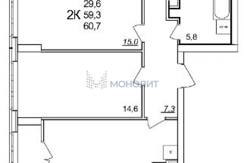 Продаётся 2-комнатная квартира, 60.7 м²