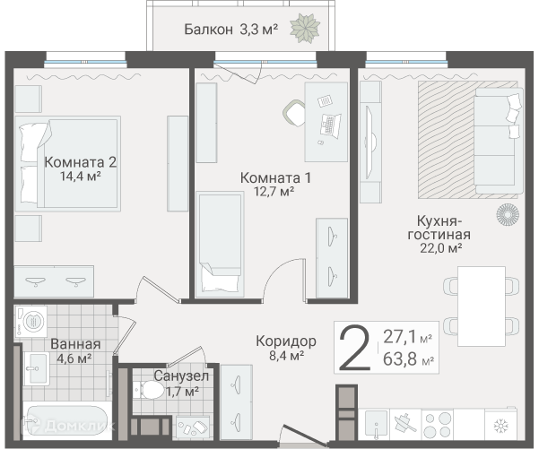 Продаётся 2-комнатная квартира, 63.8 м²