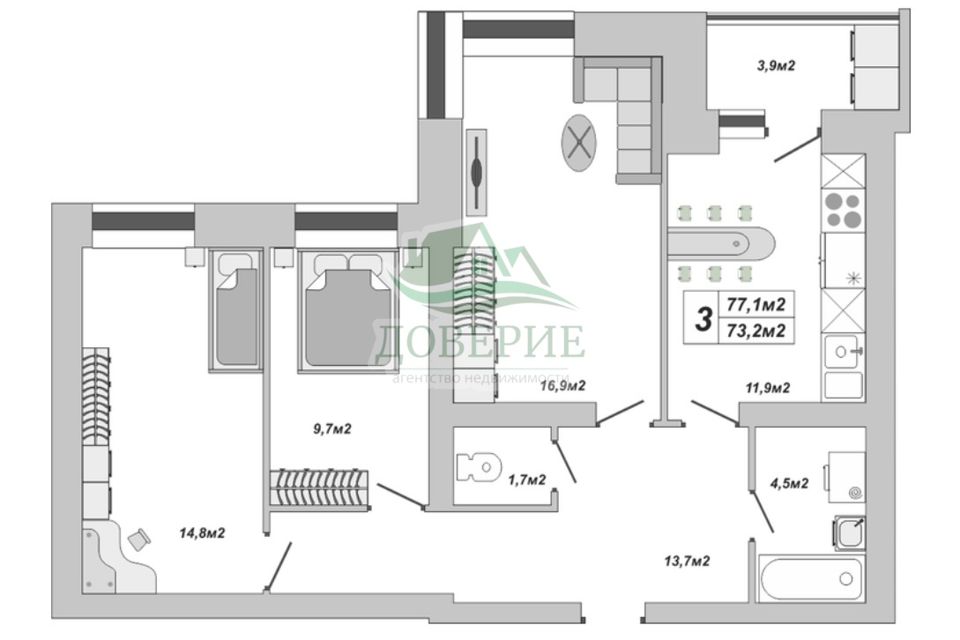 Продаётся 3-комнатная квартира, 77.1 м²