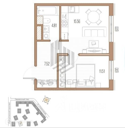 Продаётся 1-комнатная квартира, 39.4 м²