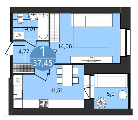 Продаётся 1-комнатная квартира, 37.45 м²