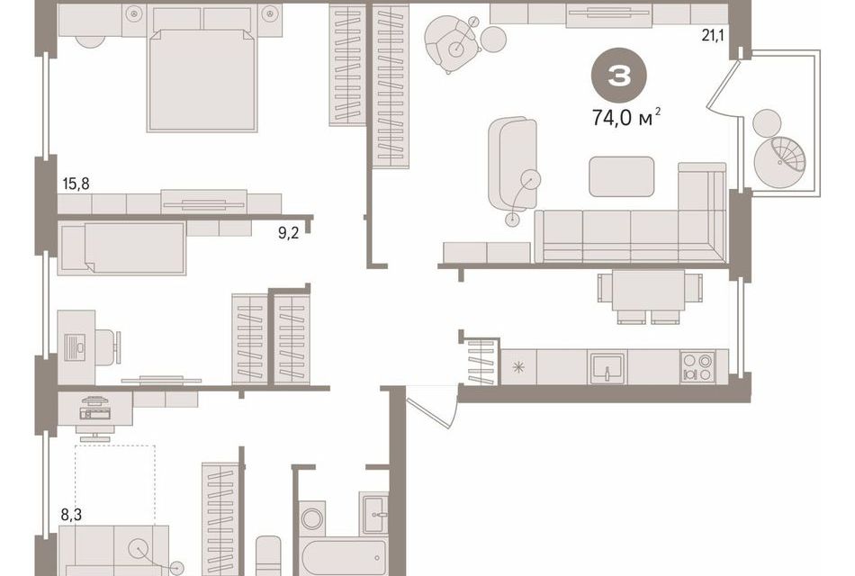 Продаётся 3-комнатная квартира, 74 м²