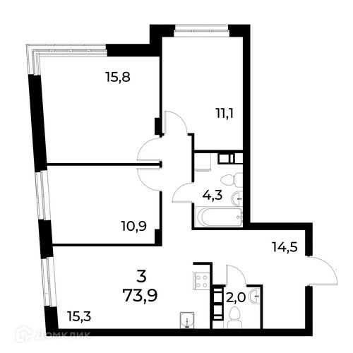 Продаётся 3-комнатная квартира, 74.3 м²