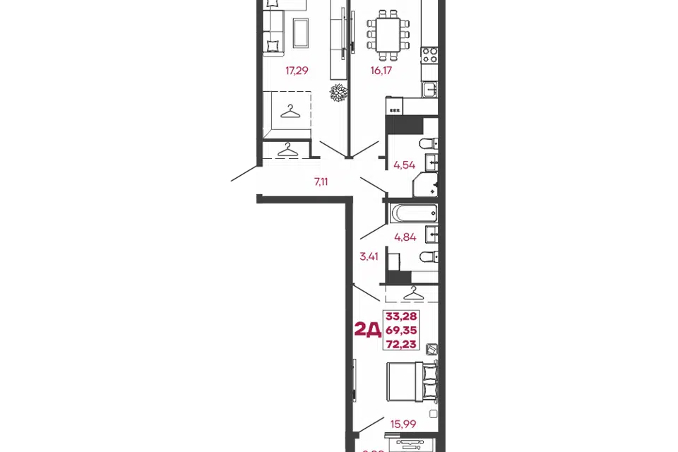 Продаётся 2-комнатная квартира, 72.23 м²