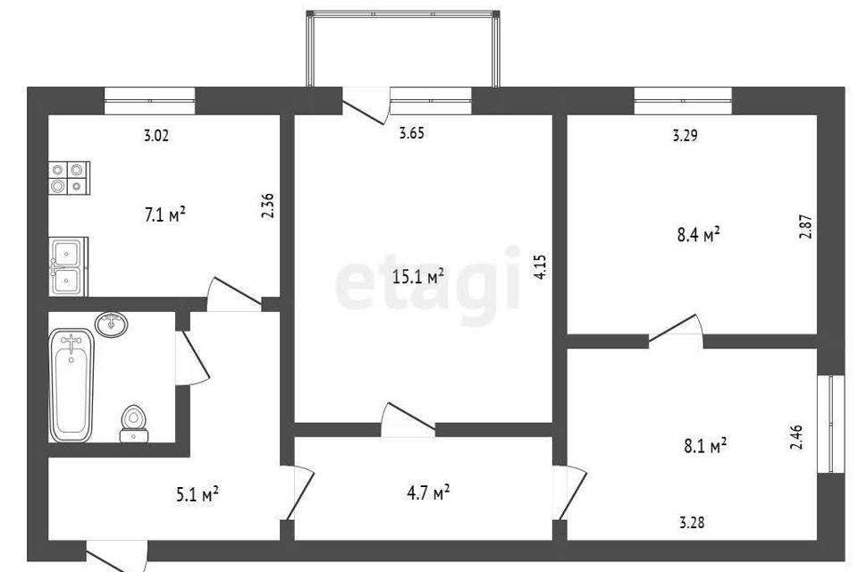 Продаётся 3-комнатная квартира, 53.1 м²