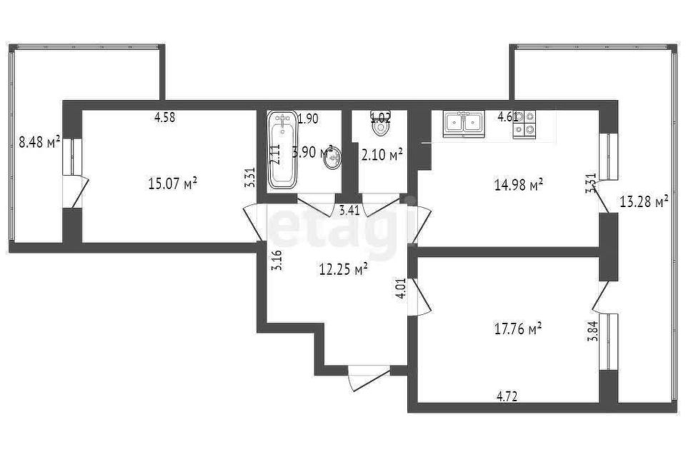 Продаётся 2-комнатная квартира, 66.3 м²