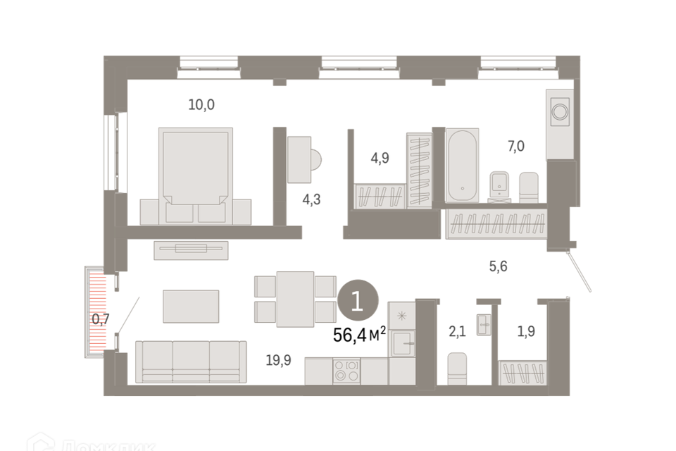 Продаётся 1-комнатная квартира, 56.4 м²