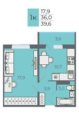Продаётся 1-комнатная квартира, 39 м²