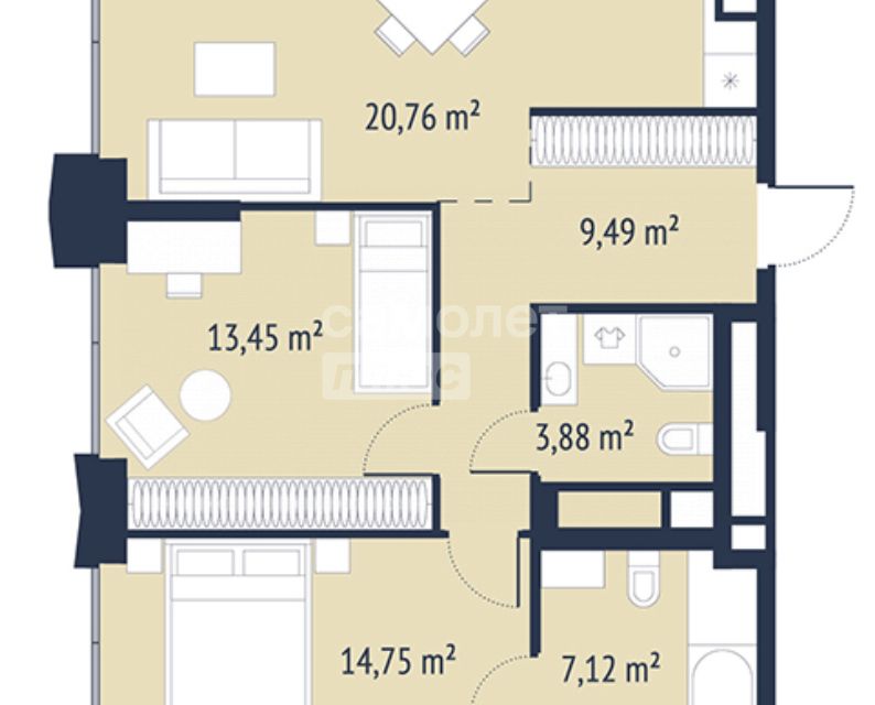 Продаётся 2-комнатная квартира, 69.3 м²