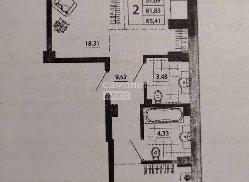 Продаётся 2-комнатная квартира, 65.4 м²